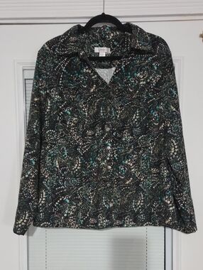 Women's Patterned Button-Front Blouse - Black Teal Cream